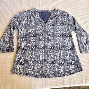 Fresh Produce Blue White Ikat Print Roll Tab Sleeve Cotton Tunic Shirt Top M USA